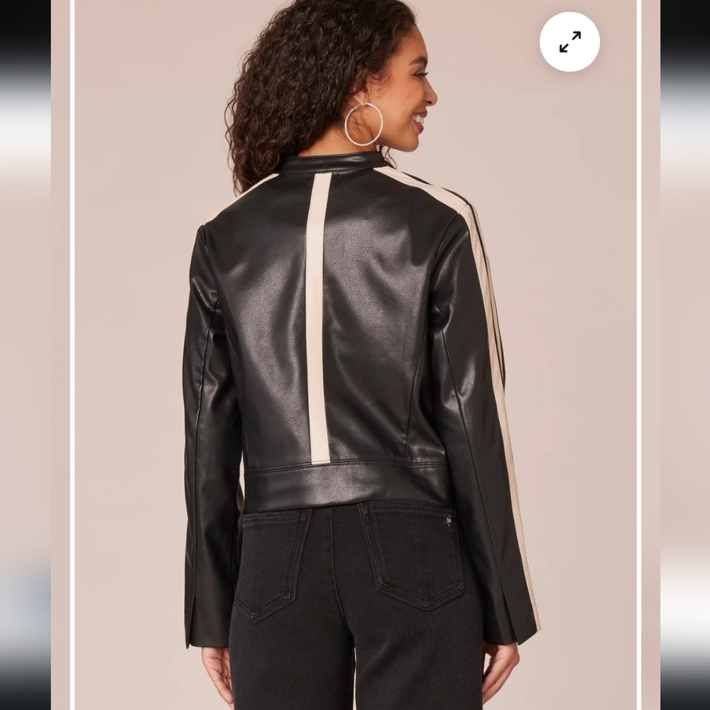 New Democracy Biker Jacket Size M Faux Leather Black Beige Zip Front Moto NWT - Picture 11 of 16